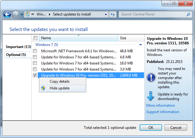 Скрытие обновления 'Upgrade to Windows 10' в списке доступных обновлений