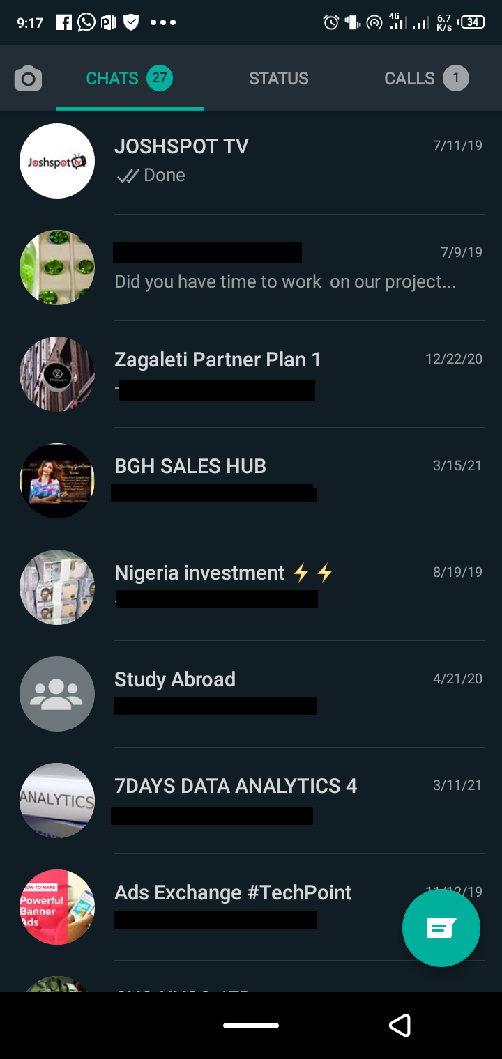 Главная страница чатов WhatsApp с кнопкой создания нового сообщения