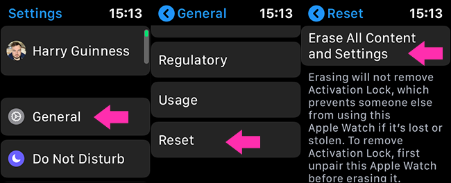 Сброс настроек Apple Watch в разделе Общие