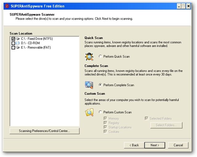 Выбор дисков для полного сканирования в SuperAntiSpyware