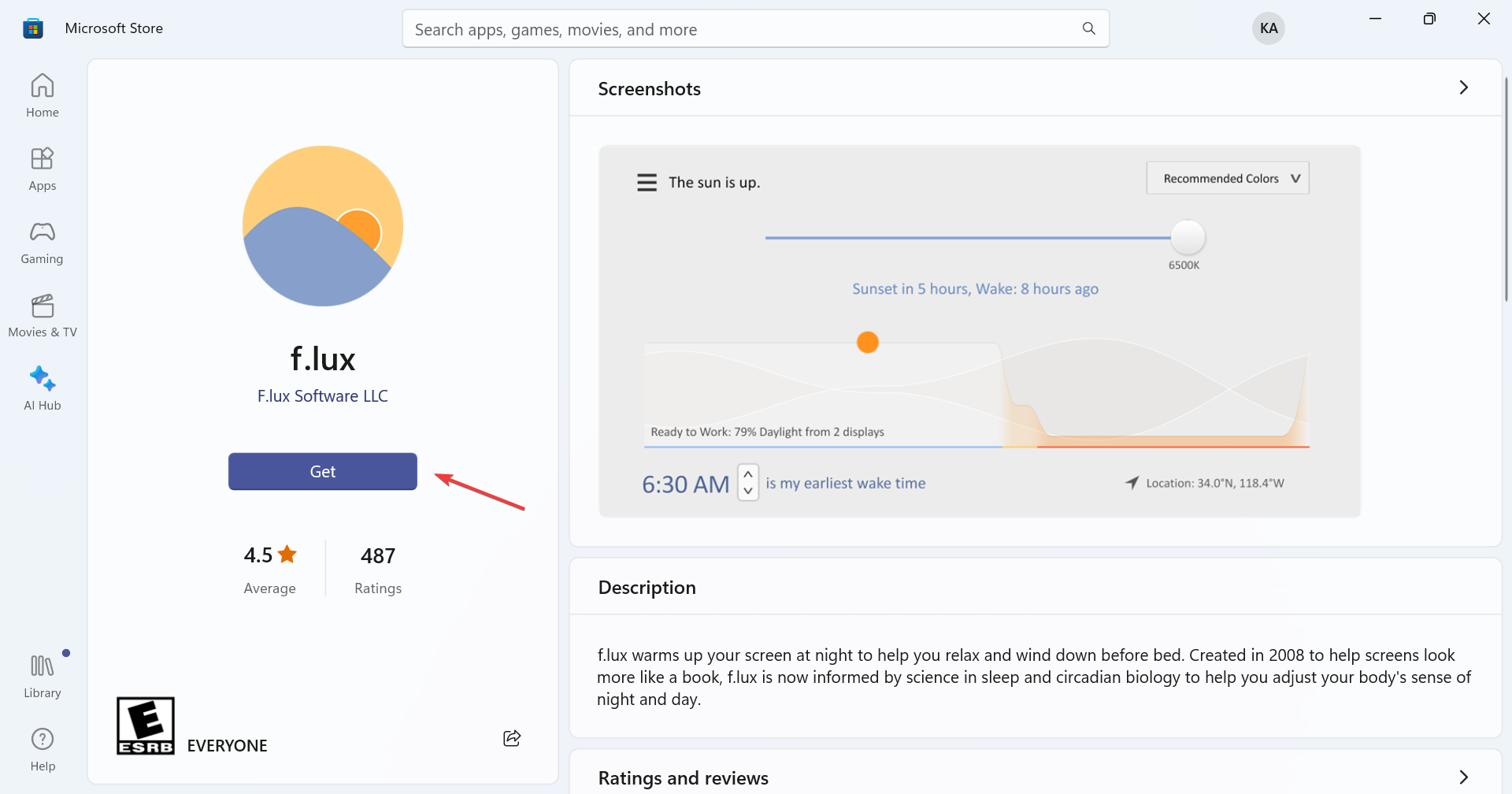 Кнопка «Get» в Microsoft Store для f.lux