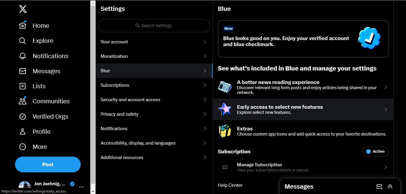 Меню управления подпиской Twitter Blue и функциями