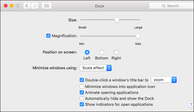 Ползунок увеличения в системных настройках дока