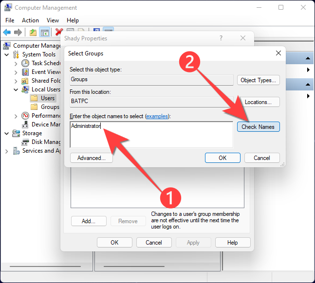 Ввод имени группы «Administrators» в поле добавления членов группы.