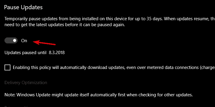 Опция Приостановить обновления в Windows 10