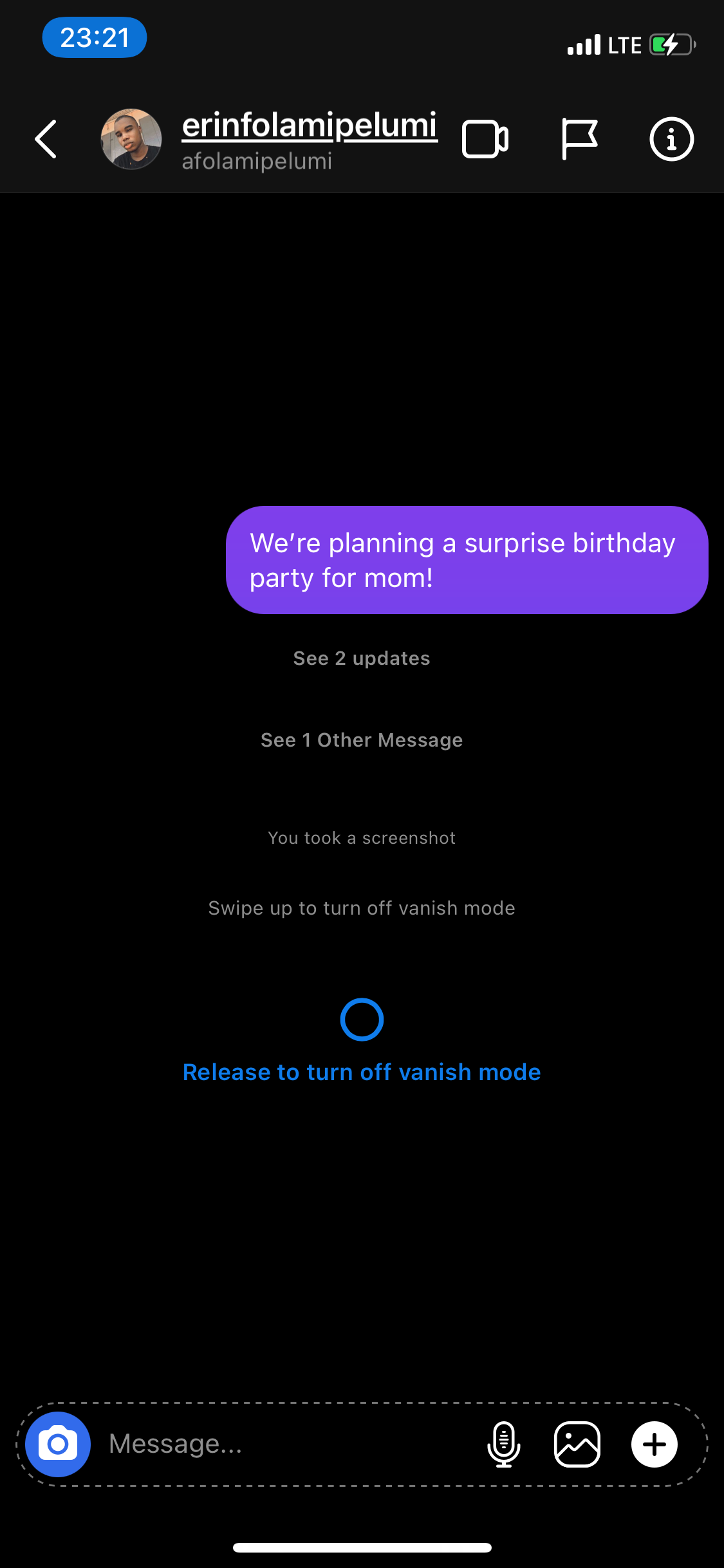 уведомление о включении Vanish Mode