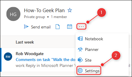 The O365 Group's Settings option.