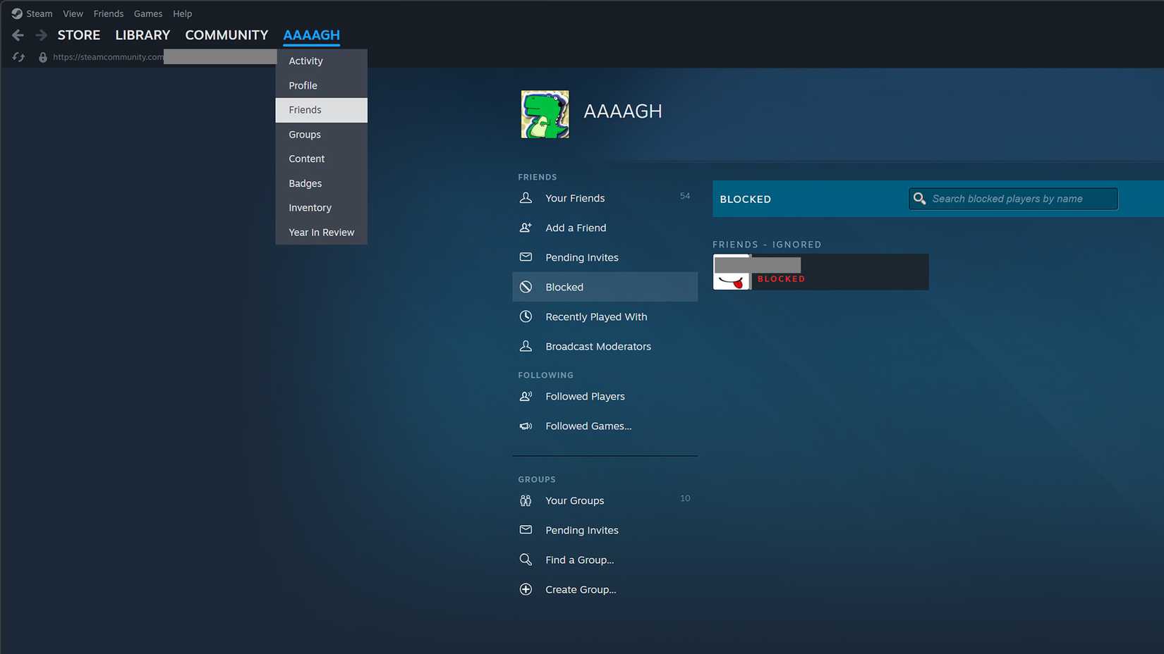 Навигация к списку заблокированных пользователей в Steam.