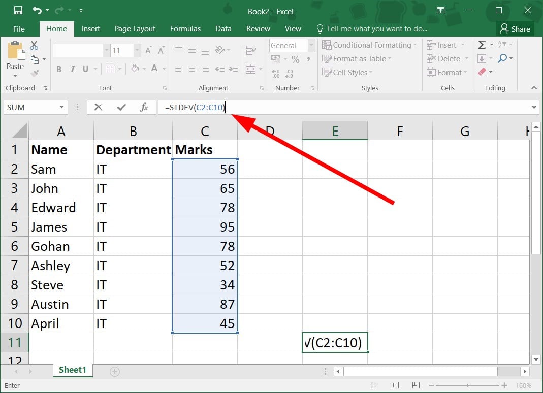 Формула STDEV с закрывающей скобкой