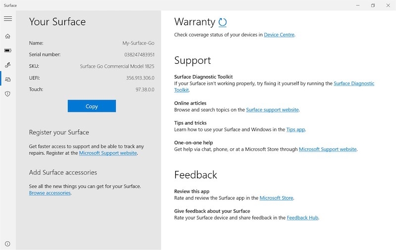 Серийный номер в приложении Surface — пример