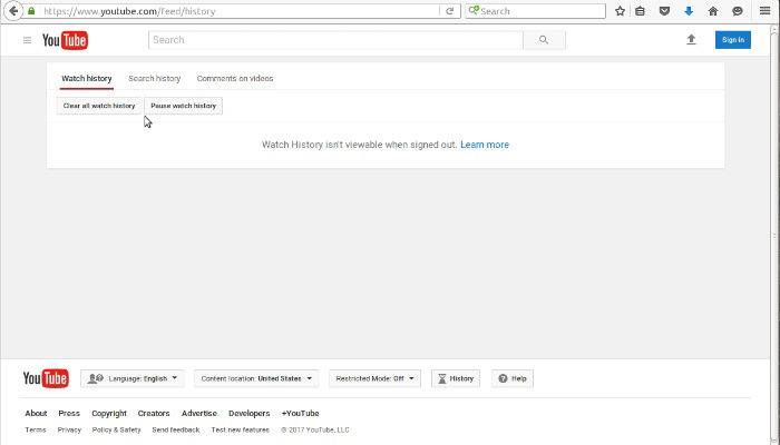 Кнопки очистки и приостановки истории просмотров YouTube