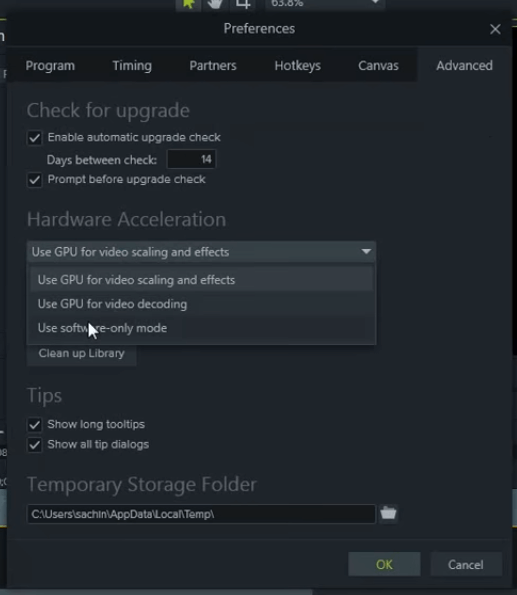 Меню аппаратного ускорения Camtasia — опция Использовать только программное ускорение