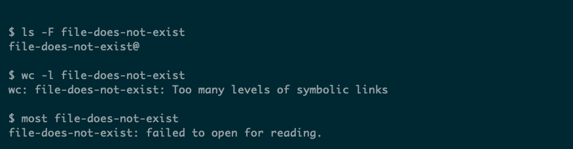 Команда ls отображает ссылку, а wc и большинство программ сообщают ошибки при работе с ней.