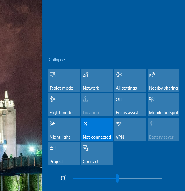 Опция Connect в Центре уведомлений Windows