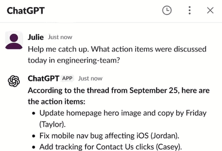Пример ввода команды и результата в Slack с подсветкой действий