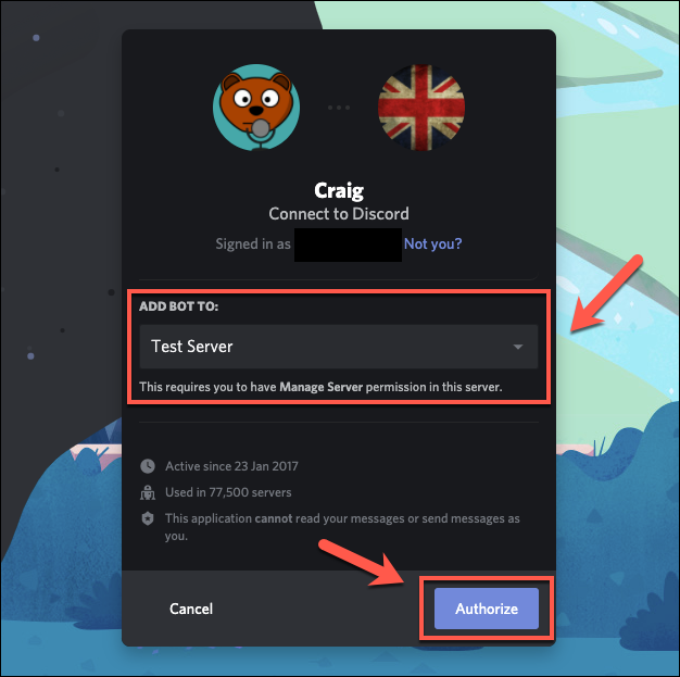 Выберите сервер Discord и нажмите Authorize, чтобы бот Craig присоединился