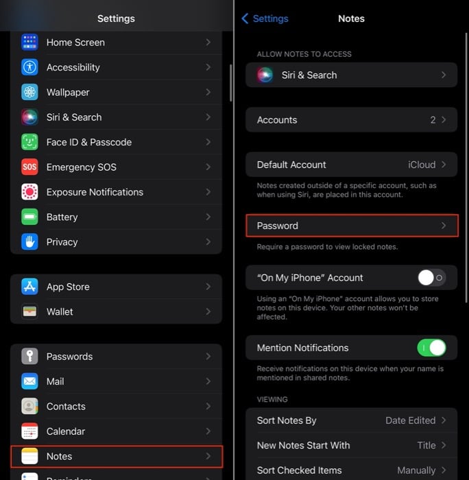 Сброс пароля Заметок — экран настроек iPhone