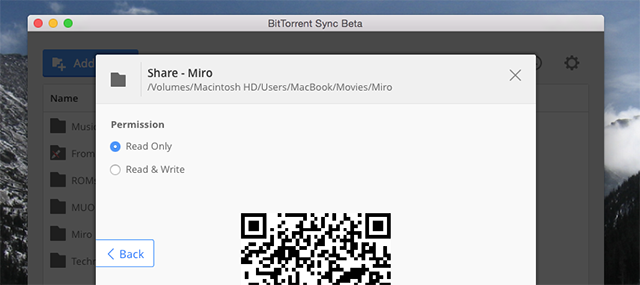 Окно создания QR-кода для совместного доступа к папке