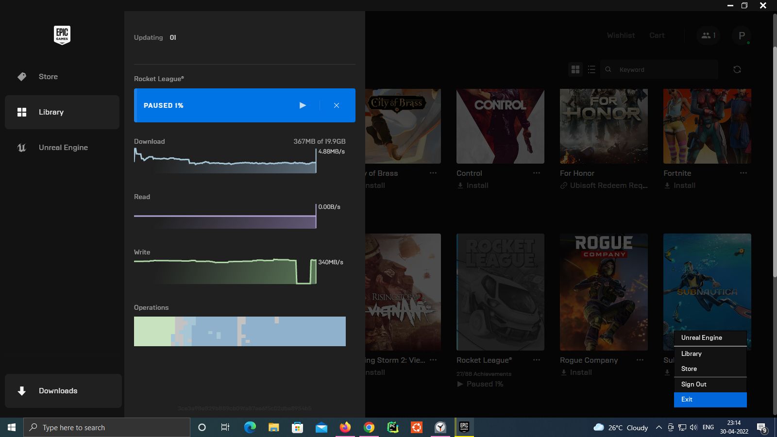 пауза загрузки и выход из Epic Games Launcher