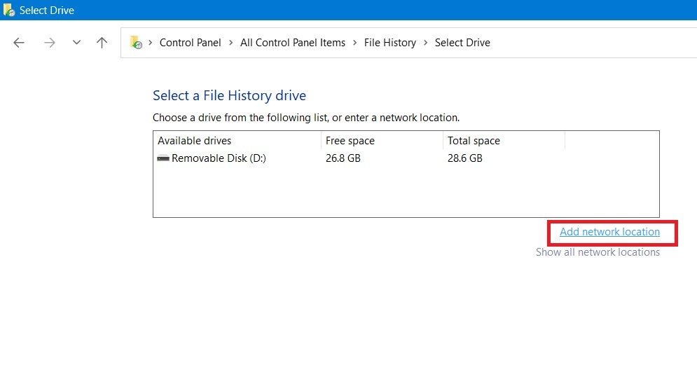 Добавление сетевого расположения в Истории файлов