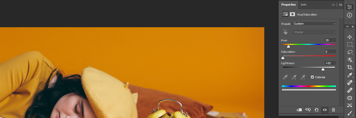 Регуляторы Hue/Saturation с указанными значениями для Highlights