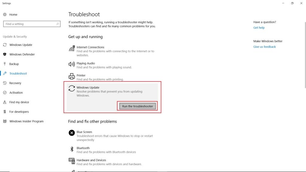 Panel de Solución de problemas de Windows Update