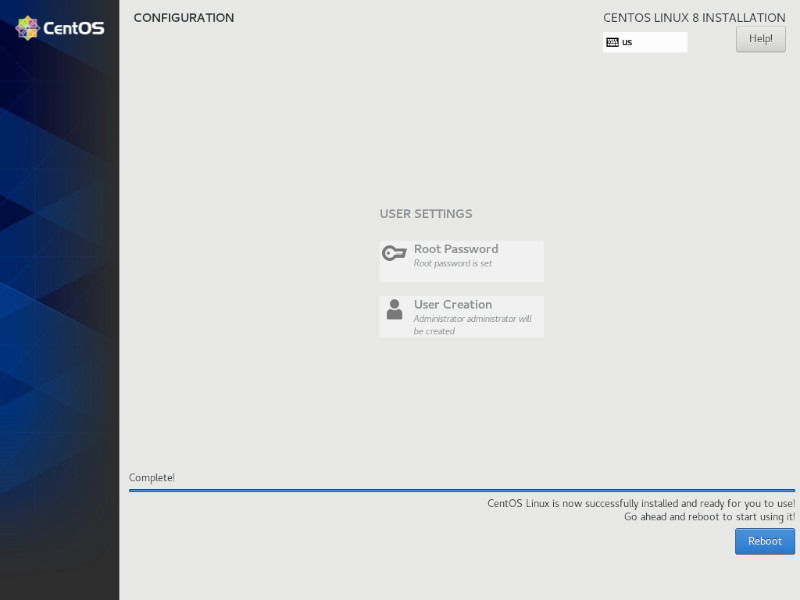Завершённая установка CentOS