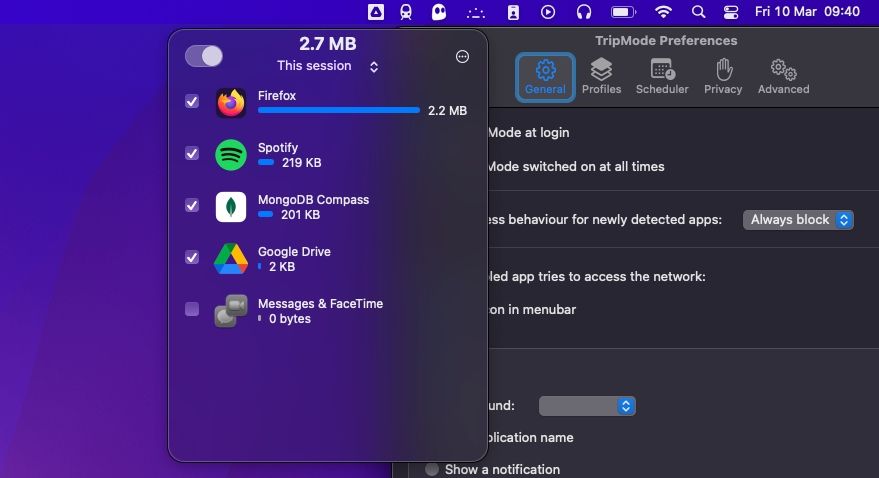 TripMode на macOS с интерфейсом блокировки приложений