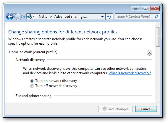 Включение обнаружения сети