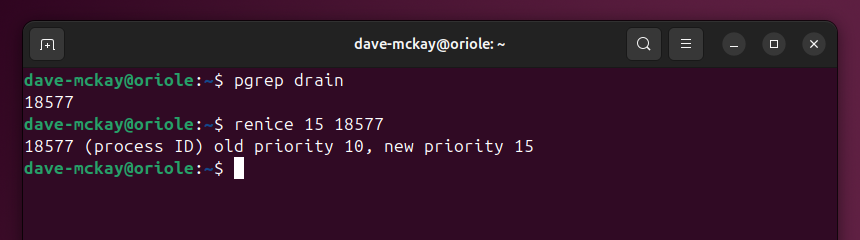 Поиск PID через pgrep и изменение nice на 15 через renice.