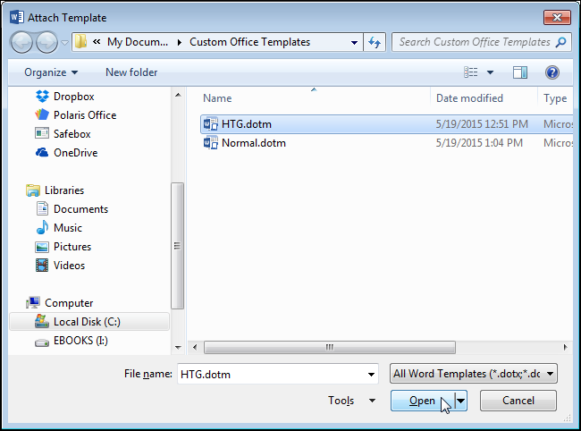 Диалог выбора шаблона для прикрепления