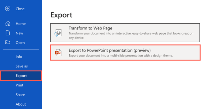 Выберите Файл → Экспорт → Экспорт в презентацию PowerPoint