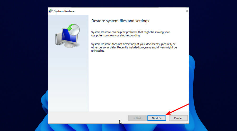 Окно восстановления системы