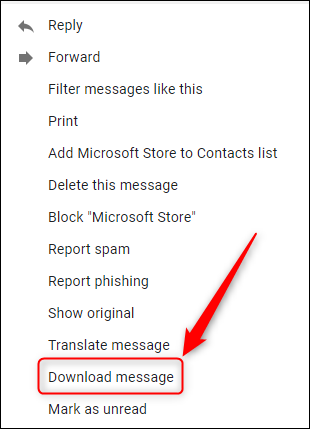 Меню Gmail с выделенной опцией Скачать сообщение