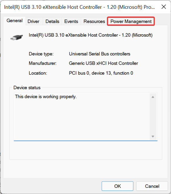 Вкладка Управление питанием для устройства