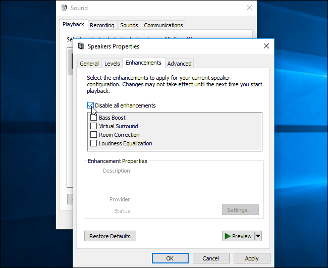 Вкладка улучшений в свойствах звука Windows
