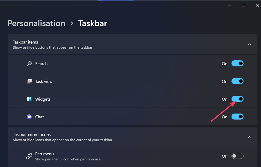 Параметры панели задач, раздел Widgets