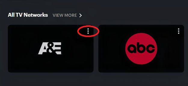 Добавление канала в My Stuff на Hulu с использованием трёх точек в углу.