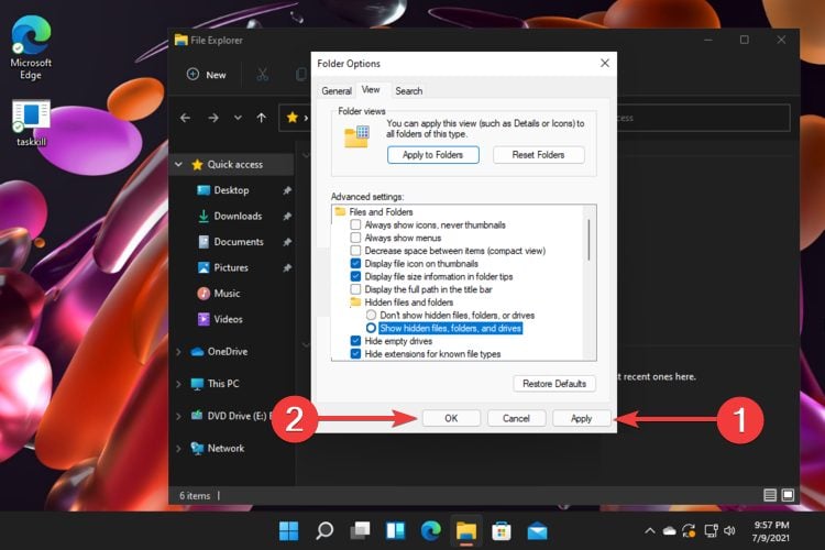 Подтверждение изменений в параметрах Проводника