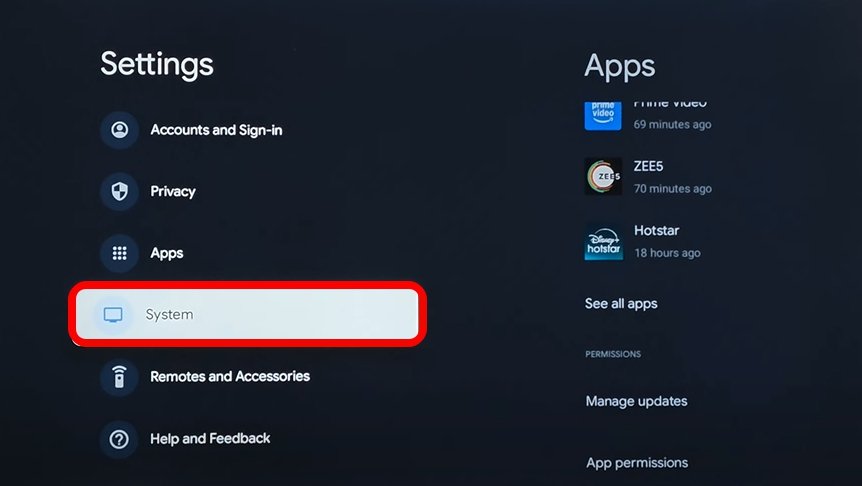 Экран системных настроек Android TV