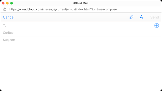 Окно создания письма в iCloud Mail