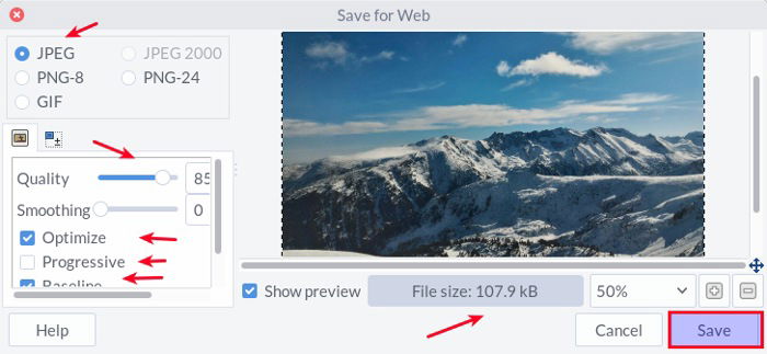 Окно Save for Web с настройками качества и предварительным просмотром