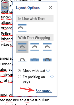 Кнопка «Посмотреть дополнительные параметры расположения» в Word