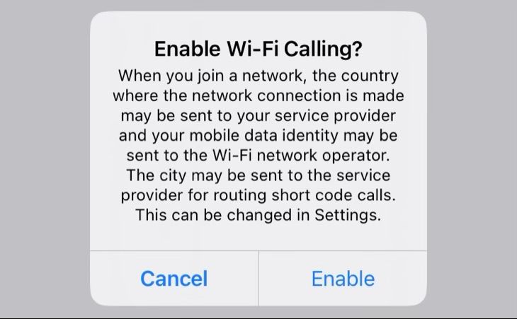 Подтверждение включения Wi‑Fi‑звонков на iPhone.
