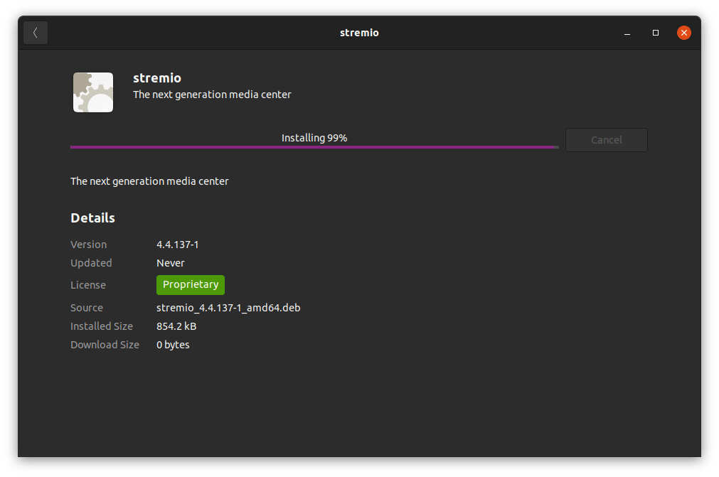 Progrès de l'installation de Stremio