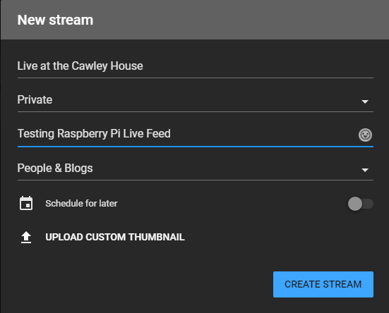 Ввод данных стрима на YouTube