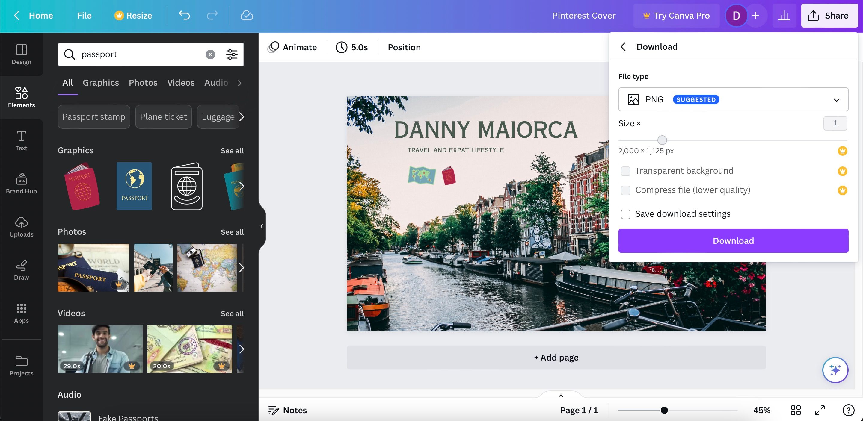 Окно скачивания дизайна обложки для Pinterest
