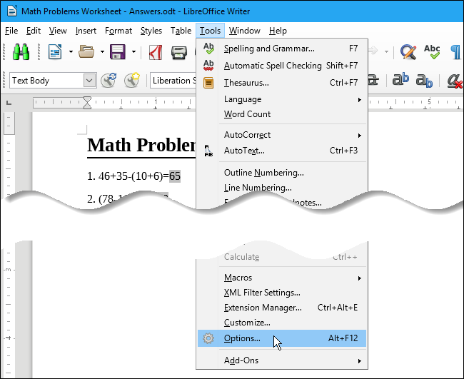 Открытие Сервис > Параметры