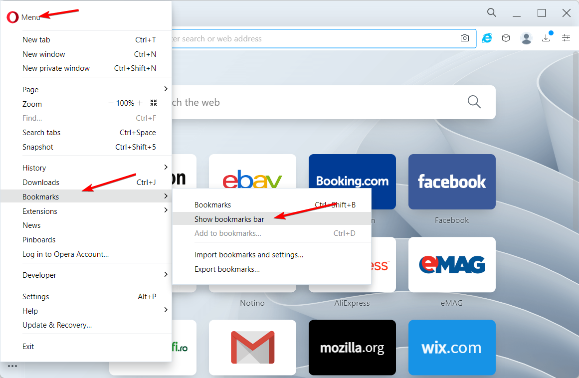 Окно настроек Opera One для показа закладок