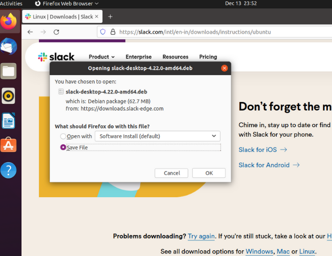 скачайте slack и сохраните .deb-файл